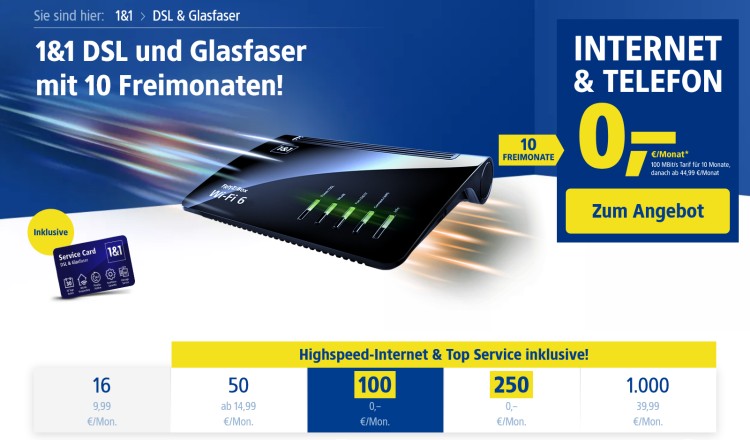 1und1 DSL- und Glasfaser-Tarife mit bis zu zehn Freimonaten
