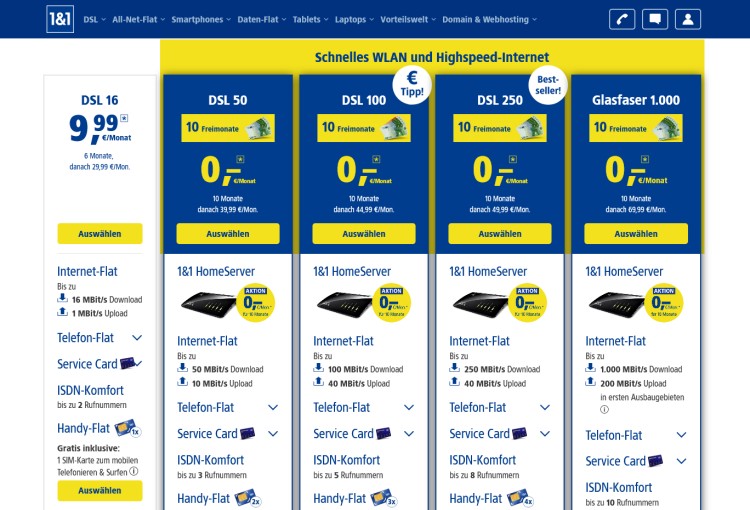 1und1 DSL Tarife mit bis zu 10 Monaten ohne Grundgebühr