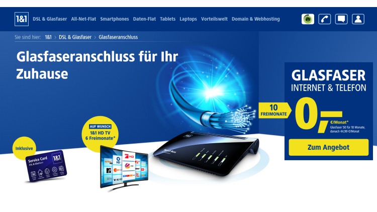 1und1 Glasfaseranschluss für Zuhause