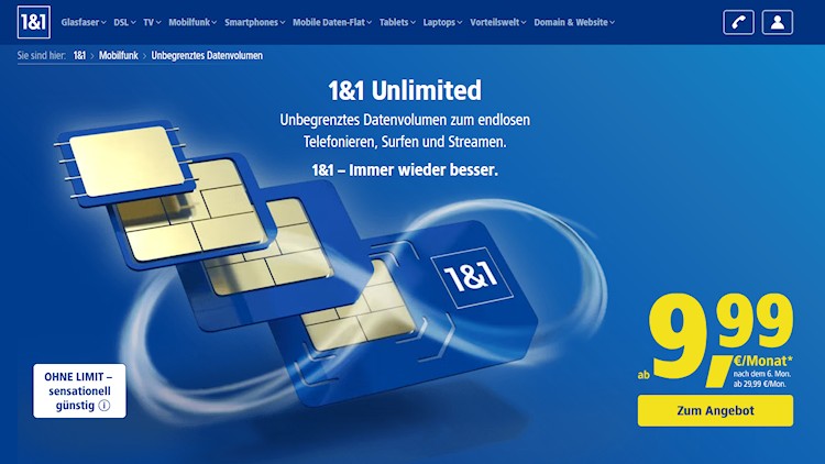 1&1 bietet drei neue Unlimited-Tarife ab 9,99 Euro monatlich an
