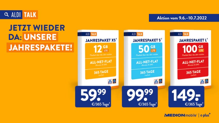 Aldi Talk Jahrespakete ab 9. Juni 2022