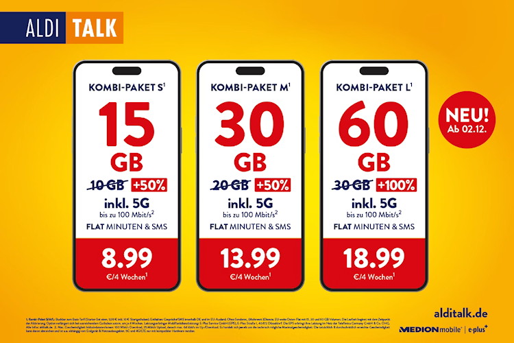 Aldi Talk Kombi-Pakete mit dauerhaft mehr Datenvolumen