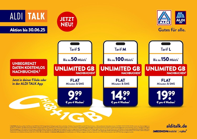 Aldi Talk: Drei Prepaid Unlimited-Tarife ab 9,99 Euro