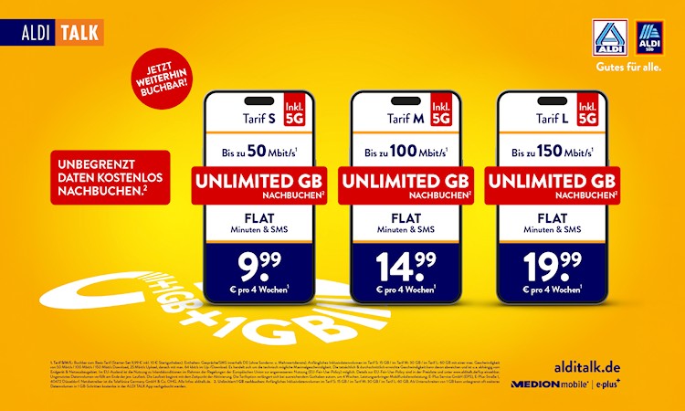 Aldi Talk Tarife S, M und L: Unbegrenzt oft Daten kostenlos nachbuchen