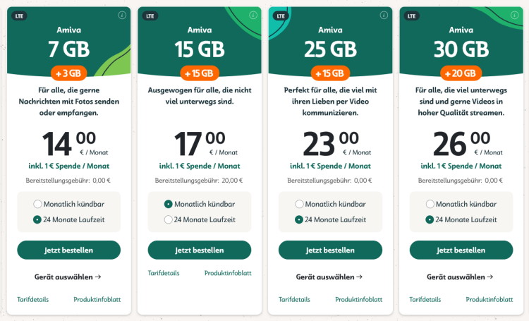 Amiva Mobilfunktarife mit Extra-Datenvolumen