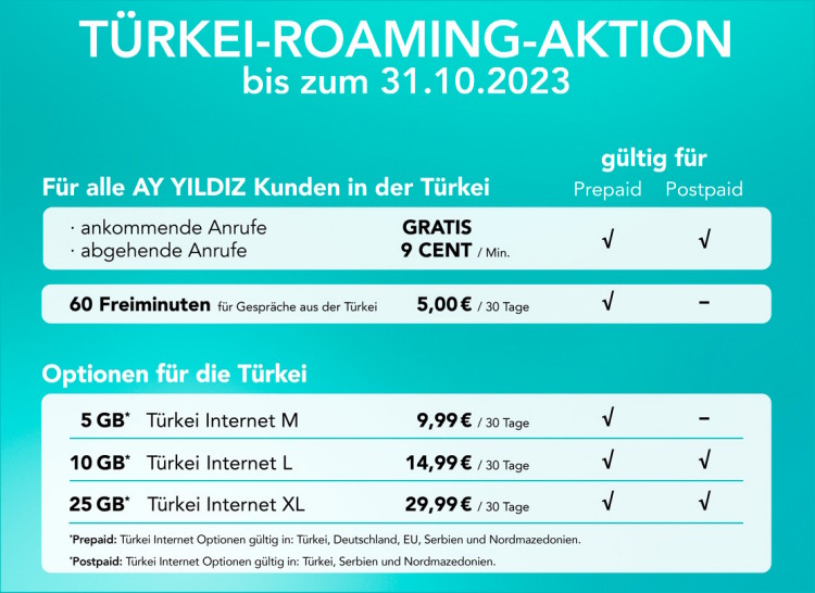 Ay Yildiz: Türkei-Roaming-Aktion bis 31.10.2023