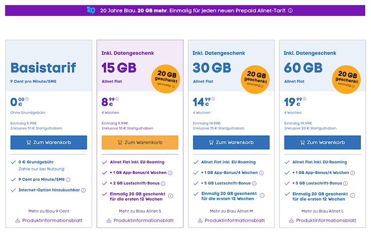 Blau Prepaid-Tarife (September 2025)