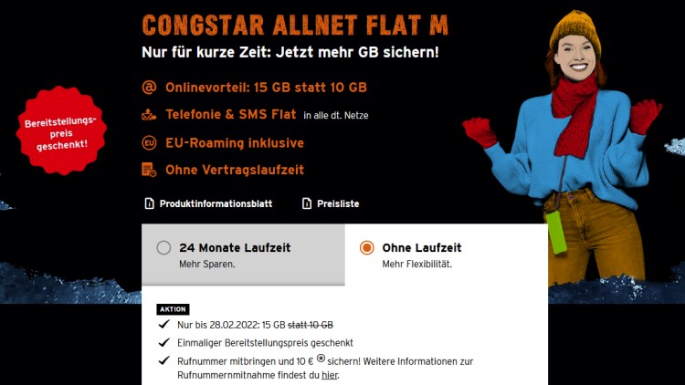 congstar Allnet Flat M bis Ende Februar mit 15 GB LTE-Datenvolumen (Screenshot: congstar.de) congstar Allnet Flat M bis Ende Februar mit 15 GB LTE-Datenvolumen