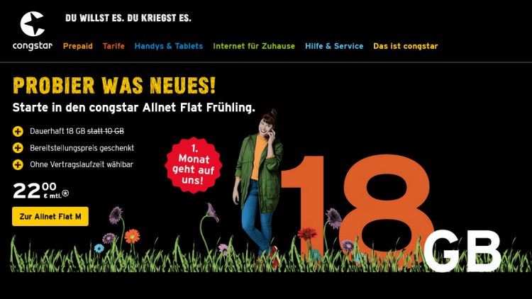 congstar Allnet Flat M mit 18 GB für 22 Euro