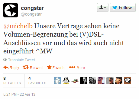 Congstar Tweet zu angeblich geplanten DSL-Drosselung (Screenshot) Congstar Tweet zu angeblich geplanten DSL-Drosselung
