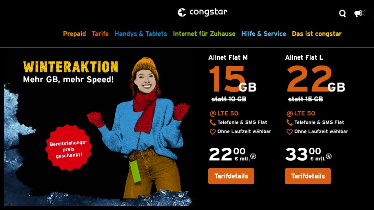 congstar: Mehr Daten und LTE 50 für Allnet Flat M und L