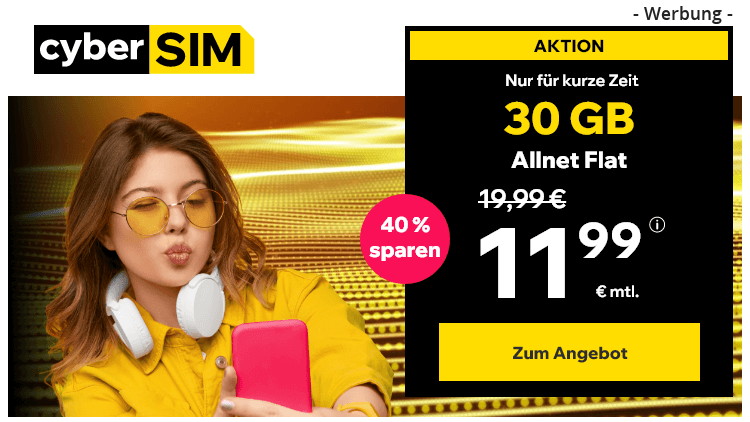 cyberSIM: 30 GB Allnet Flat für 11,99 Euro