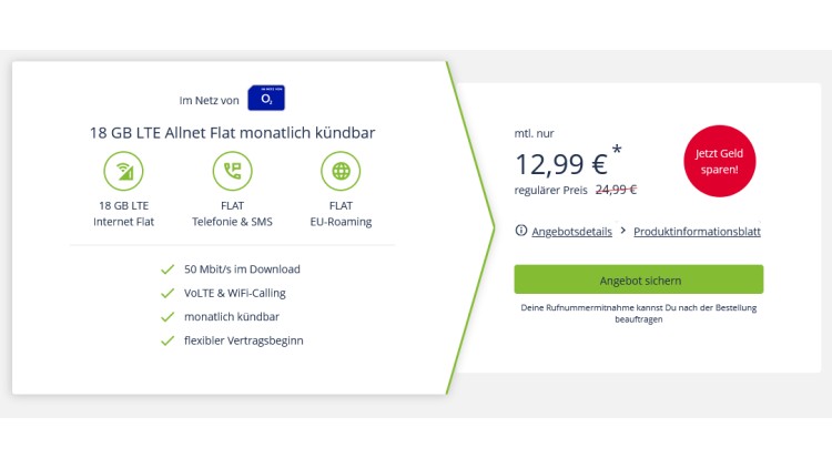 freenet: Allnet-Flat mit 18 GB im Telefónica-Netz für 12,99 Euro monatlich (Bild: freenet) freenet: Allnet-Flat mit 18 GB im Telefónica-Netz für 12,99 Euro monatlich