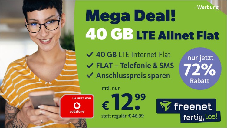 freenet: Allnet-Flat mit 40 GB LTE im Vodafone-Netz für 12,99 Euro