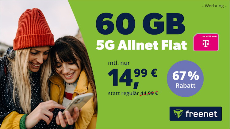 freenet: Allnet-Flat mit 60 GB 5G im Telekom-Netz für 14,99 Euro