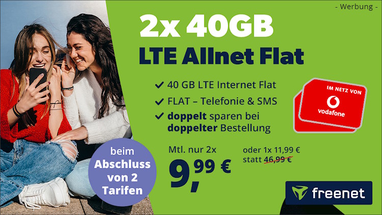 freenet: 2x 40 GB Allnet-Flat für je 9,99 Euro