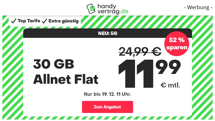 handyvertrag.de Allnet-Flat-Tarif mit 30 GB für 11,99 Euro monatlich