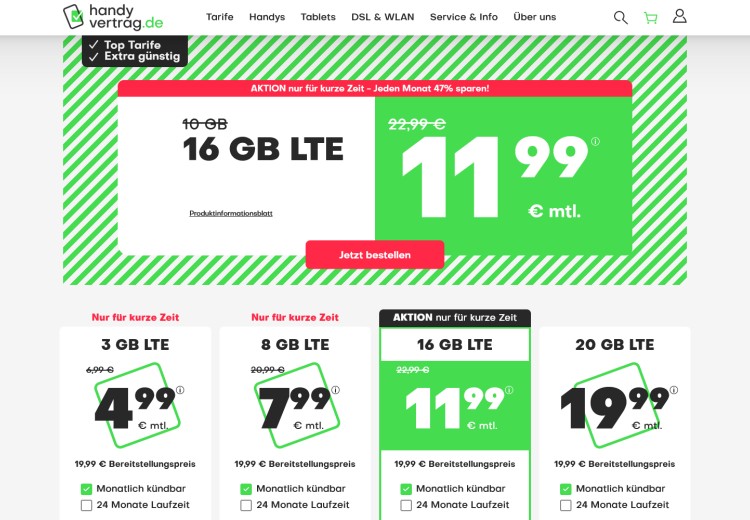 Allnet-Flatrate mit 16 GB Daten für 11,99 Euro (Screenshot: handyvertrag.de) handyvertrag.de Allnet-Flatrate mit 16 GB Daten für 11,99 Euro