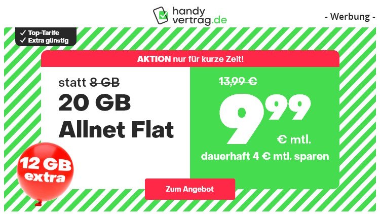 handyvertrag.de LTE All Tarif mit 20 GB Datenvolumen für 9,99 Euro