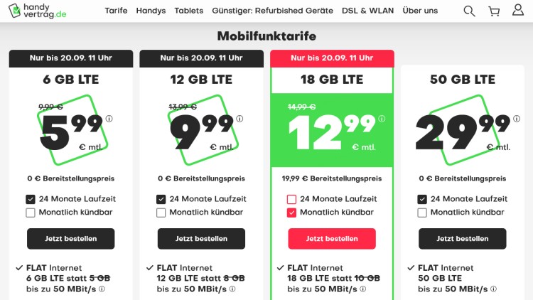 handyvertrag.de LTE All Tarif mit 18 GB Datenvolumen für 12,99 Euro (Screenshot: handyvertrag.de) handyvertrag.de LTE All Tarif mit 18 GB Datenvolumen für 12,99 Euro