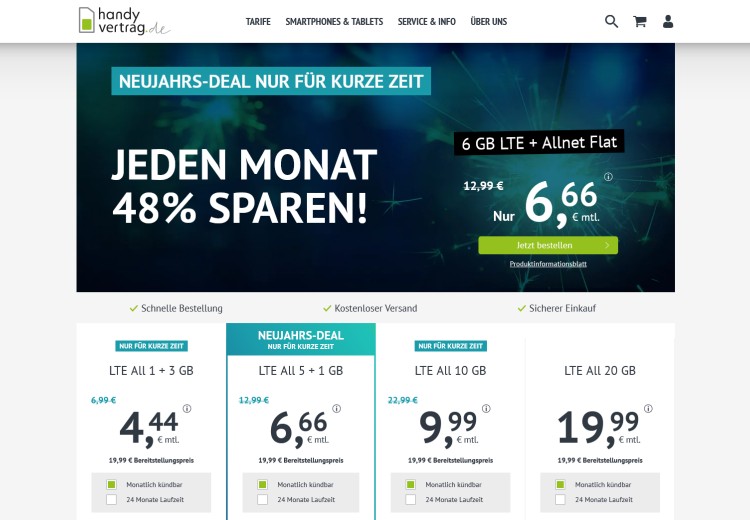 handyvertrag.de: 6 GB Datenvolumen für 6,66 Euro monatlich handyvertrag.de: 6 GB Datenvolumen für 6,66 Euro monatlich