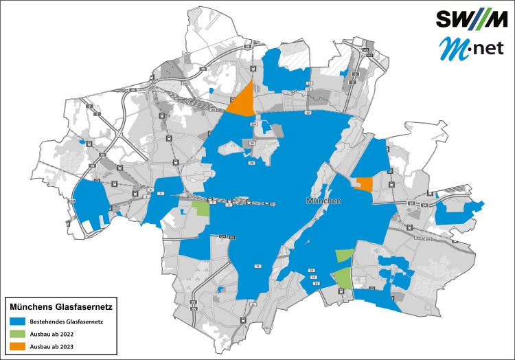 Karte des Münchener Glasfasernetzes von SWM und M-net 2022/2023