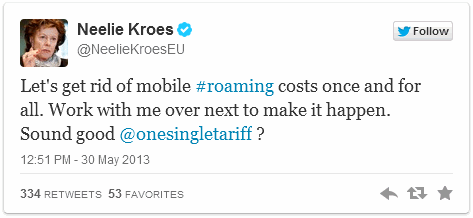 Tweet von Neelie Kroes zu Roaming-Gebühren Tweet von Neelie Kroes zu Roaming-Gebühren