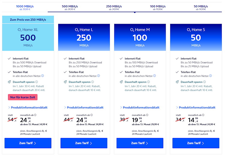 Tariftabelle o2 Home
