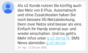 SMS von o2 über Freischaltung des National Roaming