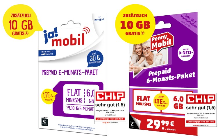 Penny Mobil und ja! Mobil 6-Monats-Palet mit 10 GB Extra