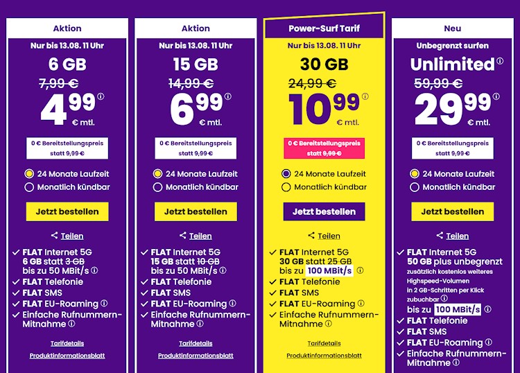 sim24 Mobilfunktarife - Aktion bis 13.08.2024 11 Uhr