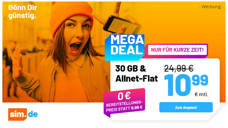 sim.de Allnet Flat 30 GB für 10,99 Euro