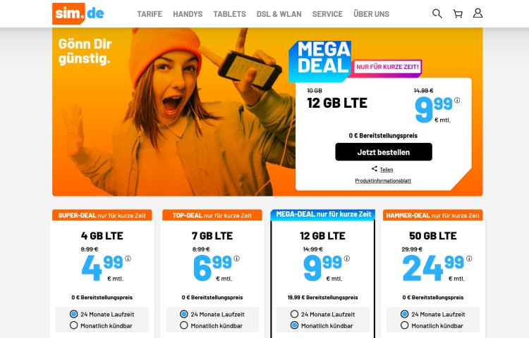 LTE All Tarif mit 12 GB für 9,99 Euro (Screenshot: sim.de) sim.de LTE All Tarif mit 12 GB für 9,99 Euro