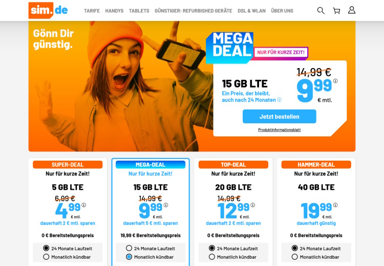 sim.de LTE All Tarif mit 15 GB für 9,99 Euro