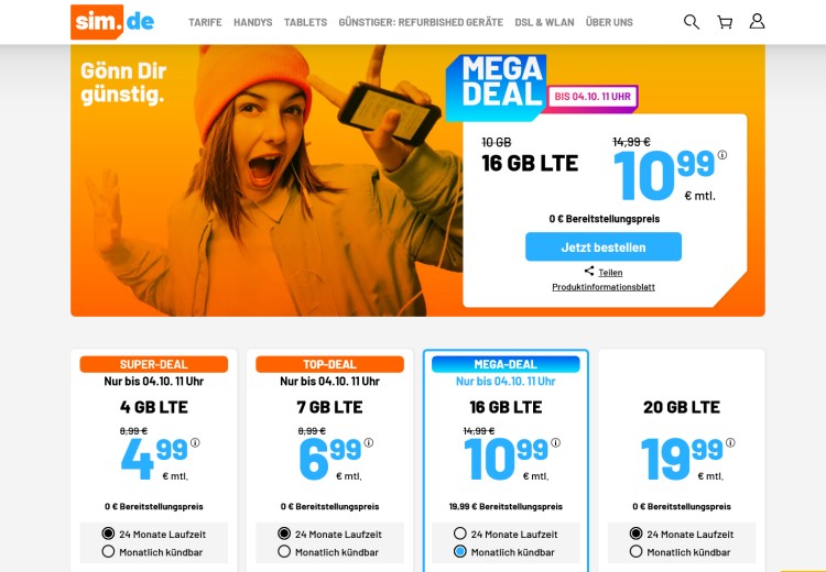 LTE-Vertrag von sim.de mit 16 GB für 10,99 Euro