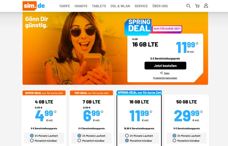 LTE-Vertrag von sim.de mit 16 GB für 11,99 Euro