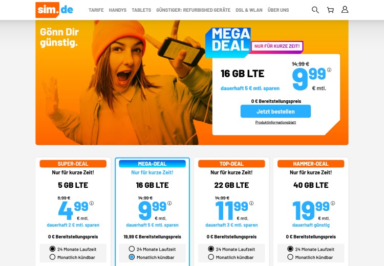sim.de LTE All Tarif mit 16 GB mit für 9,99 Euro