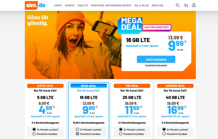 sim.de LTE All Tarif mit 18 GB mit für 9,99 Euro