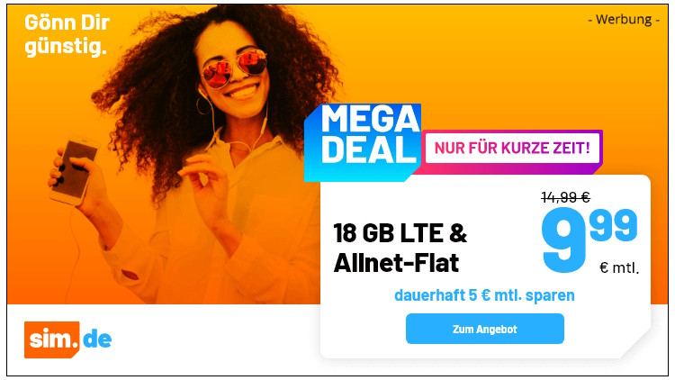 sim.de LTE All Tarif mit 18 GB für 9,99 Euro