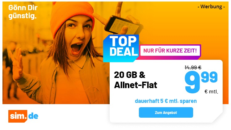 sim.de LTE All Tarif mit 20 GB für 9,99 Euro