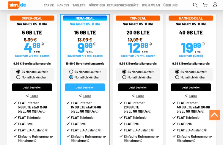 sim.de LTE All Tarif mit 20 GB für 12,99 Euro