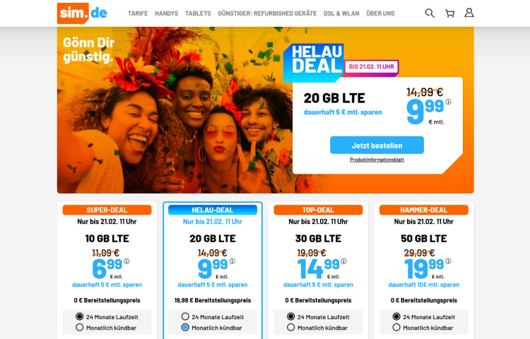 sim.de LTE All Tarif mit 20 GB mit für 9,99 Euro