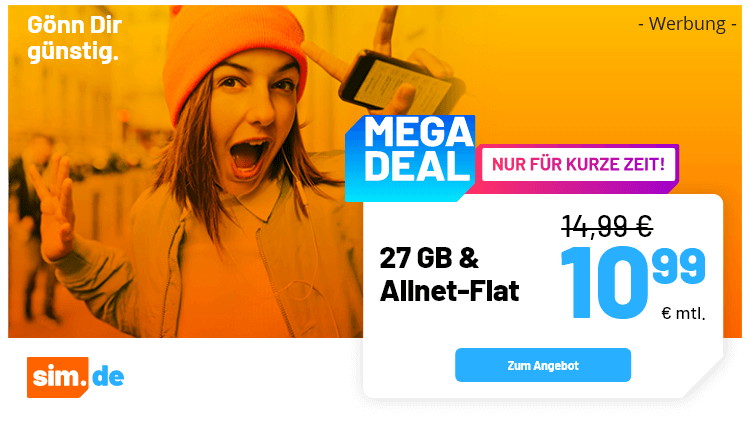 sim.de LTE All Tarif mit 27 GB für 10,99 Euro