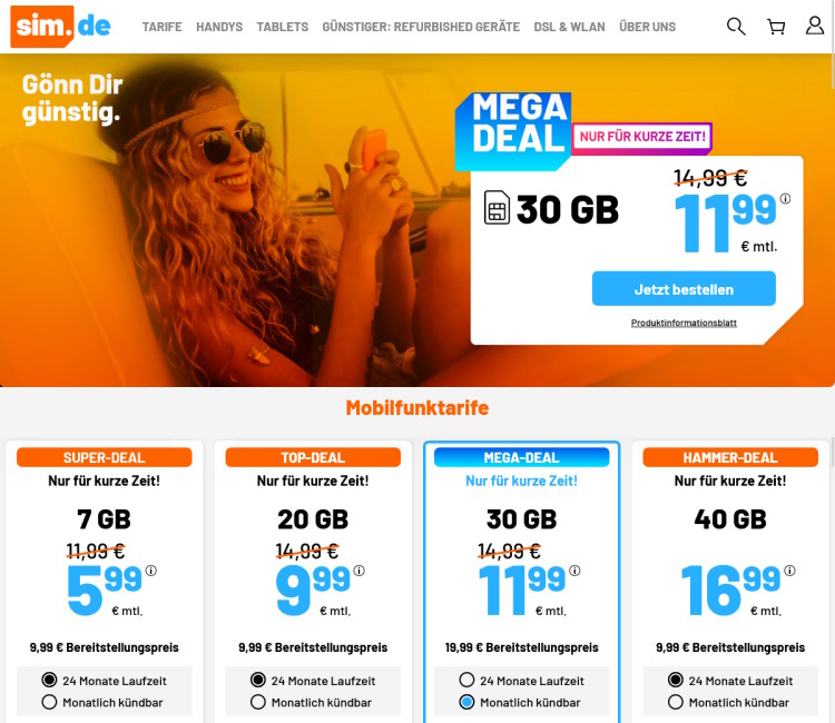 sim.de LTE All Tarif mit 30 GB für 11,99 Euro