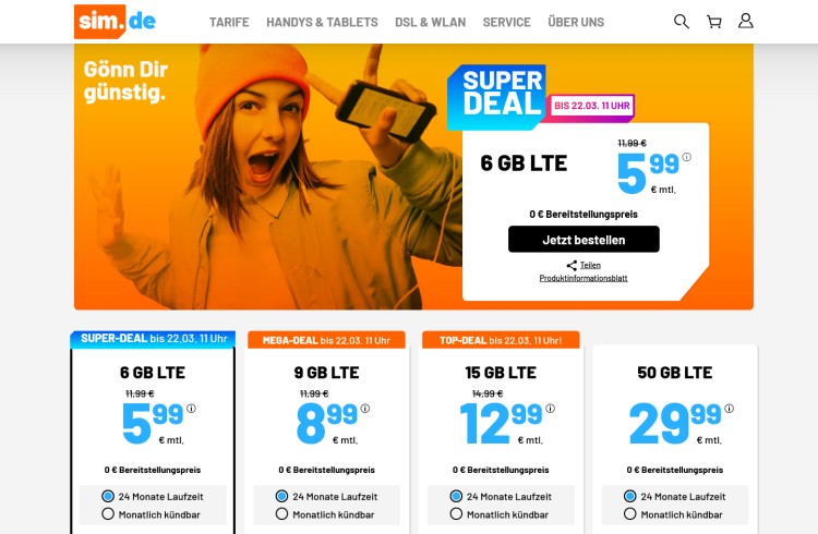 sim.de-Aktion: LTE-Tarif mit 6 GB für 5,99 Euro pro Monat