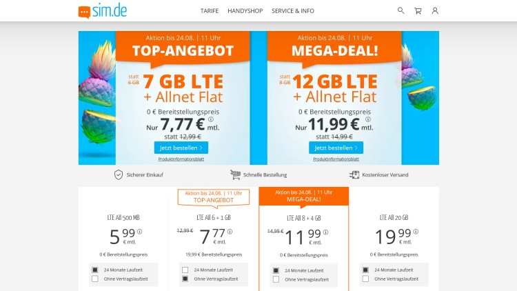 sim.de: LTE 7 GB Tarif für 7,77 Euro