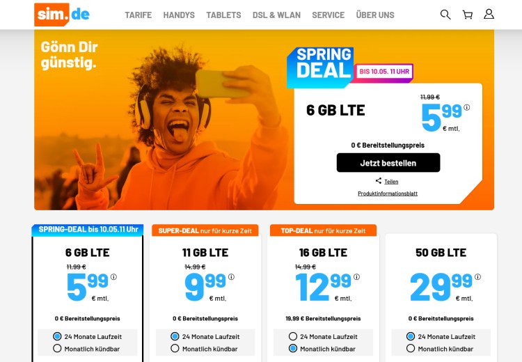 LTE All Tarife mit 11 GB für 9,99 Euro und 16 GB für 12,99 Euro (Screenshot: sim.de) sim.de LTE All Tarife im Mai 2022