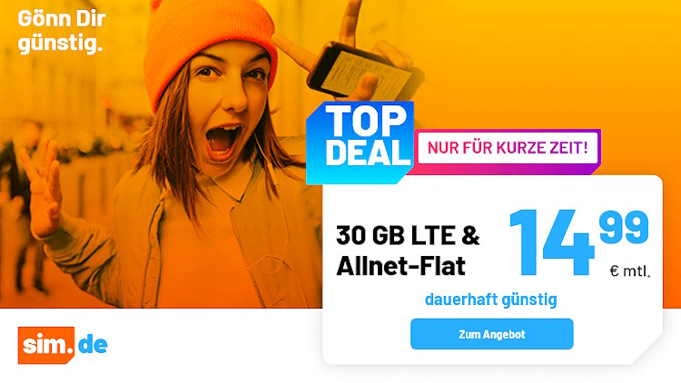 sim.de LTE All Tarif mit 30 GB mit für 14,99 Euro
