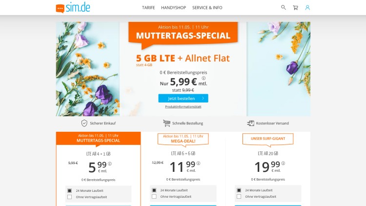 sim.de Allnet-Flatrate mit 5 GB LTE Datenvolumen für 5,99 Euro