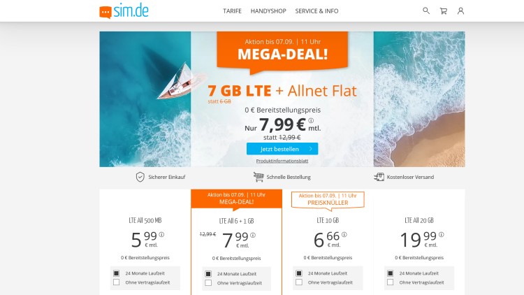 sim.de: 7 GB Allnet-Flat für 7,99 Euro